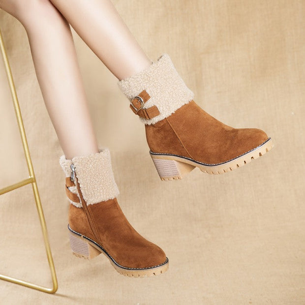 Women's thick heel leather buckle warm boots - Libiyi