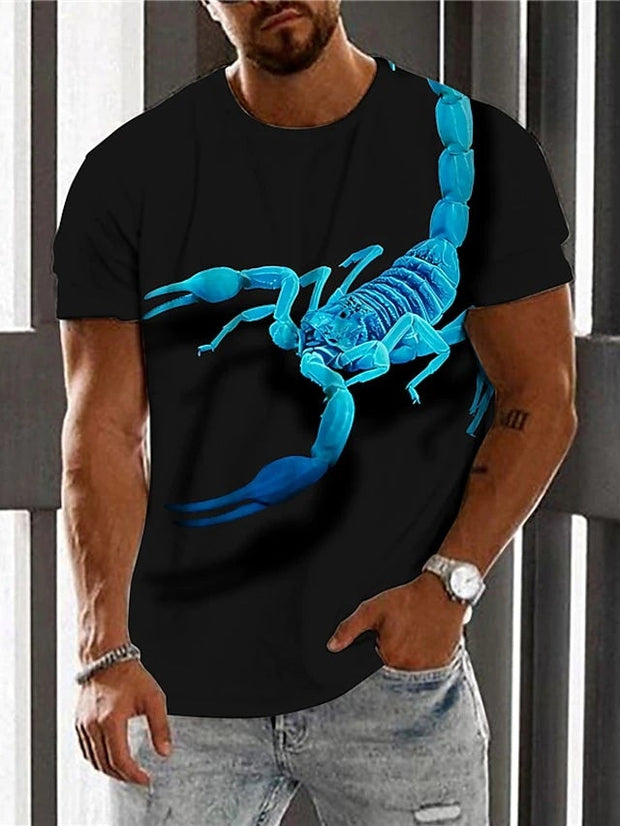 T-shirt unisexe pour homme, imprimé graphique 3D, col ras du cou, motif scorpion, imprimé quotidien, vacances, manches courtes, décontracté, créateur, grand et grand, noir / été 