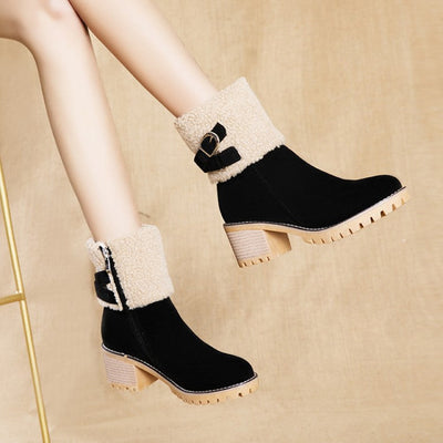 Women's thick heel leather buckle warm boots - Libiyi