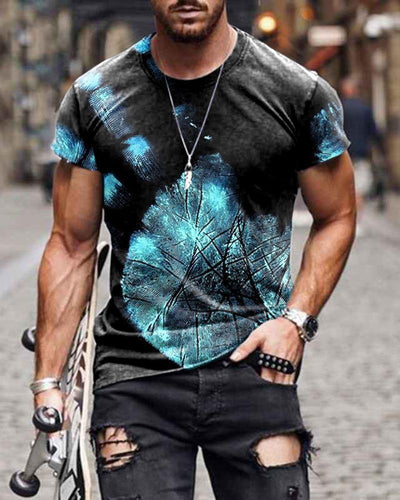 Casual Blue Palm Print Short-sleeved T-shirt